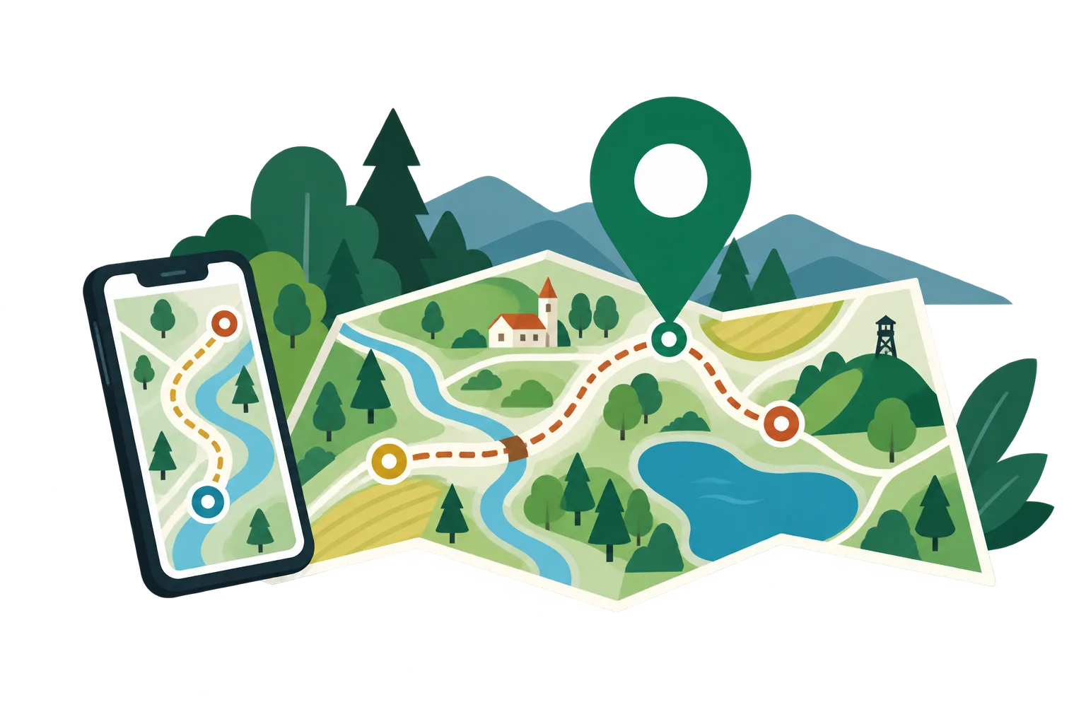 Ilustracja: geoportal regionu z mapą, trasą i punktami gry terenowej